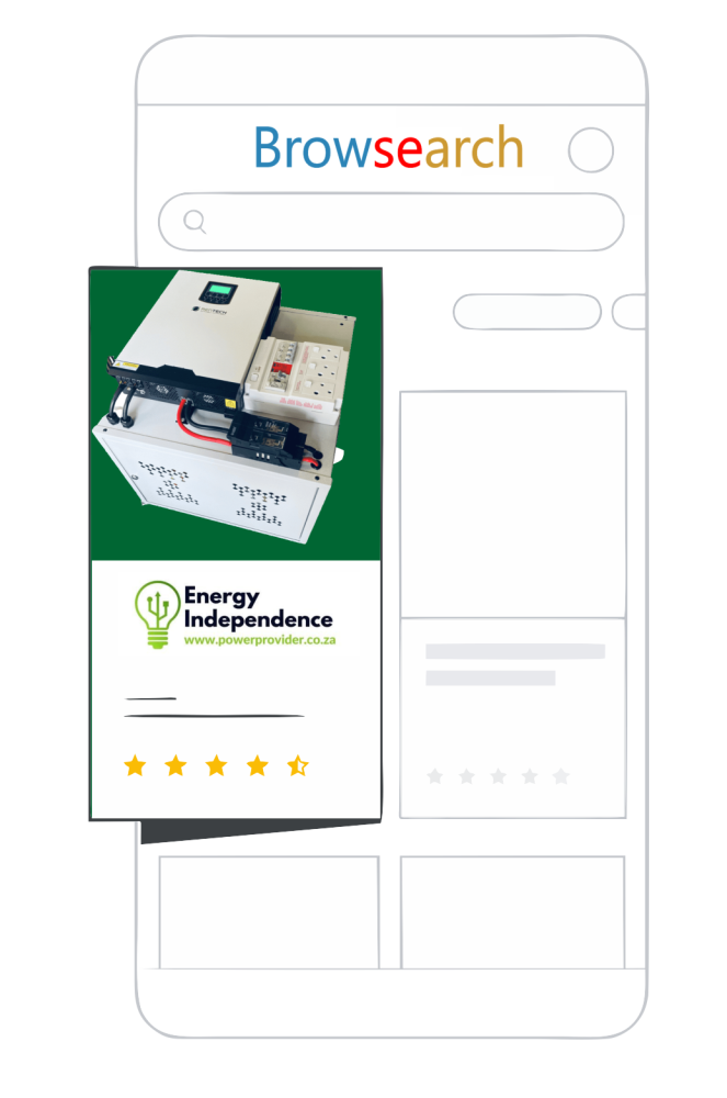 Image is in the likeness of a mobile phone while one is browsing or searching for Back-up power solutions from the shopping engine BrowSearch. BrowSearch is pronounced ÔÇÿBrowse & Search.ÔÇÖ BrowSearch-Feedonomy